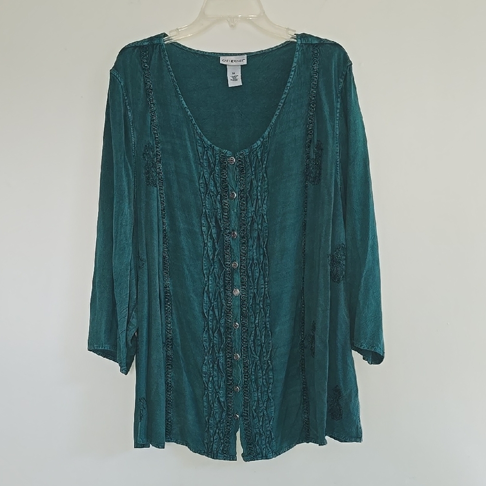 Catherines Emerald Gypsy Tunic Size 2X With Embroidered Detail